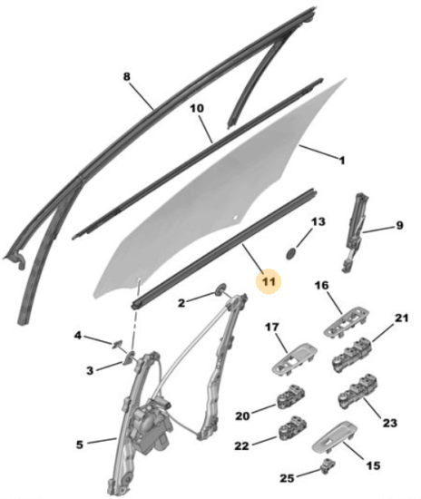 Orijinal Peugeot 308 T9 Ön Kapı Cam İç Yatay Fitili  Sağ  9677881580