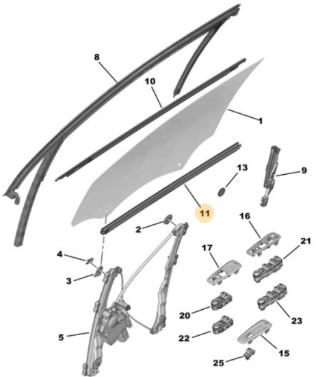 Orijinal Peugeot 308 T9 Ön Kapı Cam İç Yatay Fitili Sol    9677881780
