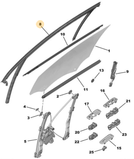 Orijinal Peugeot 308 T9 Ön Kapı Cam Oluğu  Sağ  96778938TV