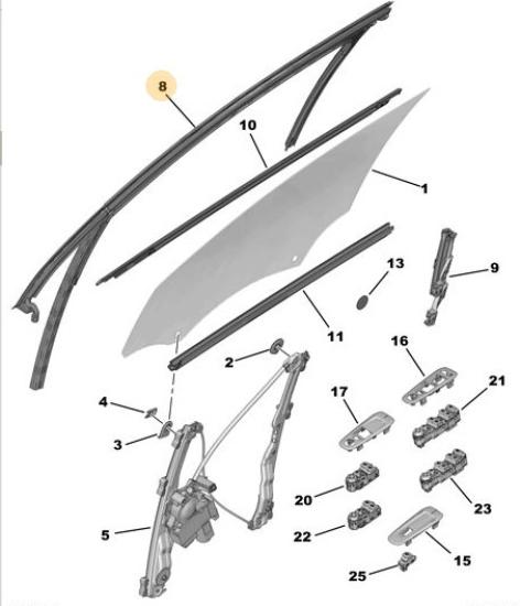 Orijinal Peugeot 308 T9 Ön Kapı Cam Oluğu Sol     96778949TV